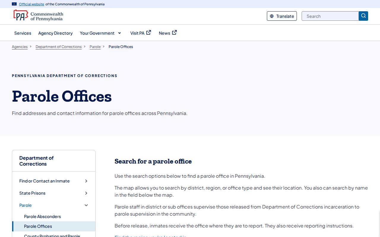 PADOC field office lookup for York County parole supervision
