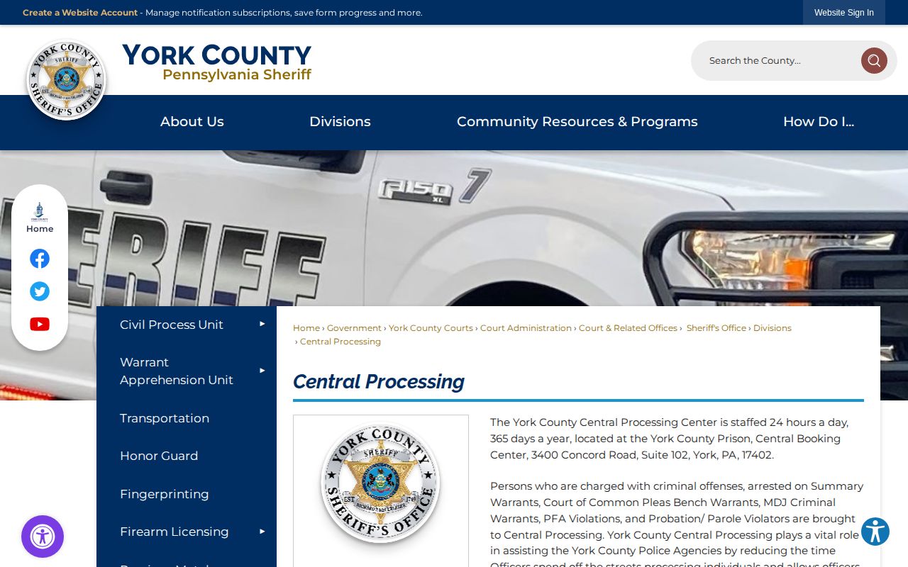 York County Central Processing Center booking and release information