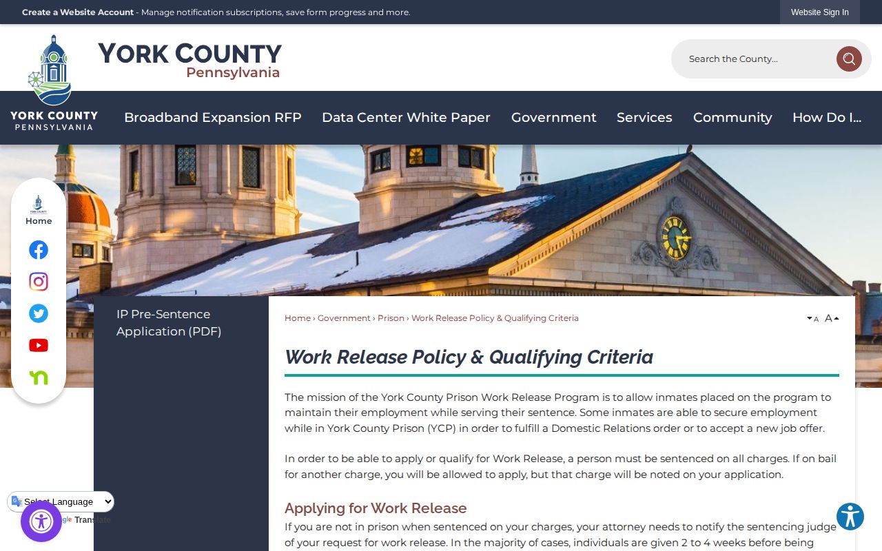 York County Prison Work Release Center policy and qualifying criteria