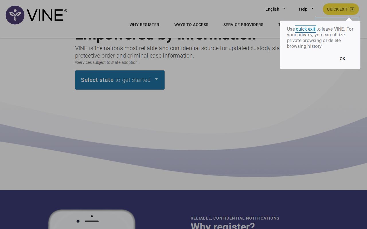 York County VINELink inmate check state selection and notification screen